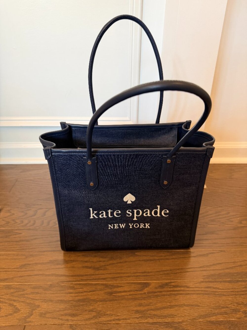Kate Spade New York Denim Logo Tote Shoulder Bag Blue Canvas Large